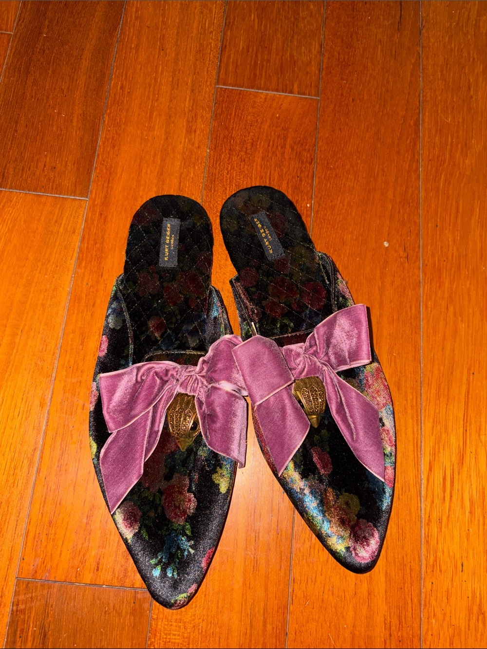 NWOT Kurt Geiger Velvet Floral Pointed Mules Mauve Bow large size 7-8 Slippers - Picture 2 of 5